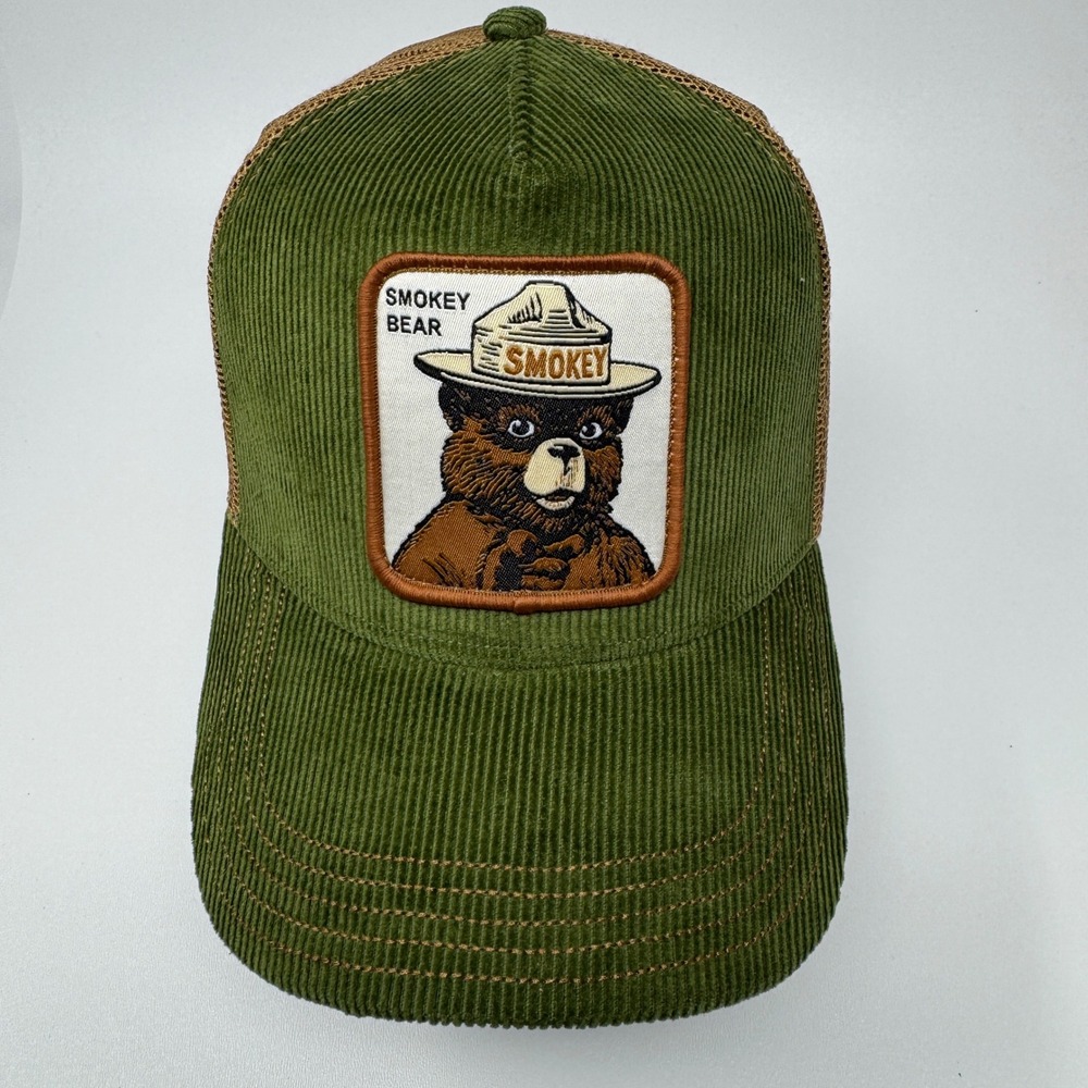 Smokey Bear Corduroy Trucker Hat Green Brown Mesh Snapback Cap Mad Engine
